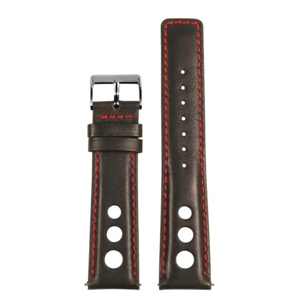 Leather Rally Strap with Quick Release featuring a sleek design and contrasting red stitching. Available in sizes 18mm to 24mm, perfect for enhancing your watch style