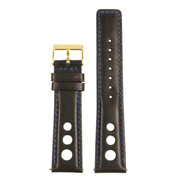 Leather Rally Strap with Quick Release features premium leather, available in sizes 18mm to 24mm. Stylish design with blue stitching and a gold buckle for a sleek look