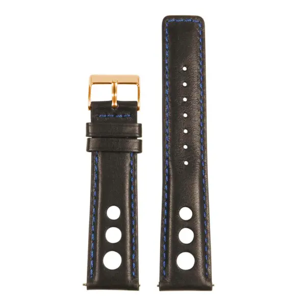 Leather Rally Strap with Quick Release, featuring durable leather material and available in sizes 18mm to 24mm. Stylish design with blue stitching and gold buckle