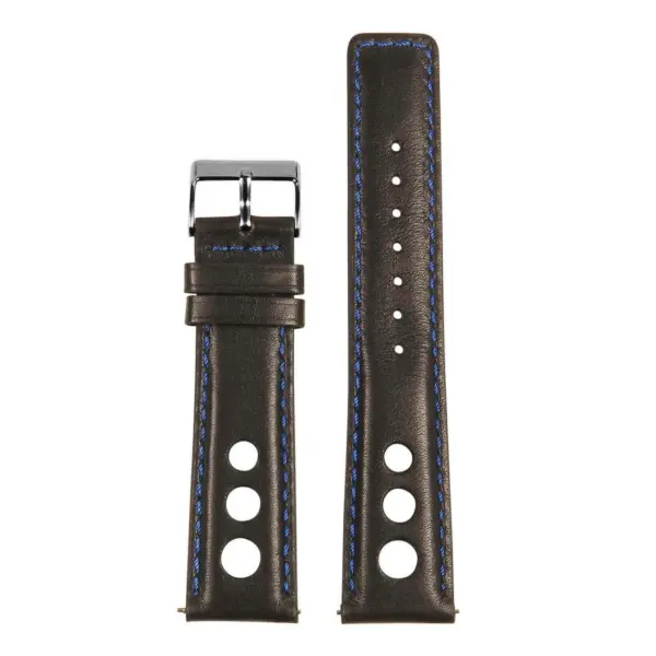 Leather Rally Strap with Quick Release in black, featuring blue stitching. Available in sizes 8mm to 24mm, perfect for a stylish and comfortable watch fit