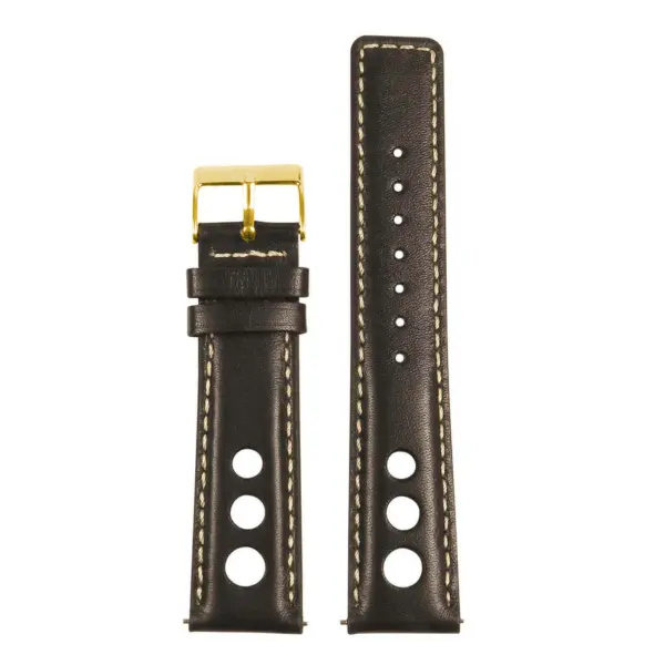 Leather Rally Strap with Quick Release in black, featuring contrasting stitching and a gold buckle. Available in sizes 18mm to 24mm and 8mm to 9mm for versatile use