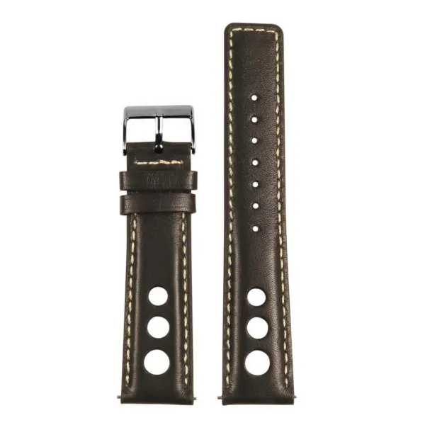 Leather Rally Strap with Quick Release in dark brown. Available in sizes 18mm to 24mm. Features a sleek design and durable leather material for comfort and style