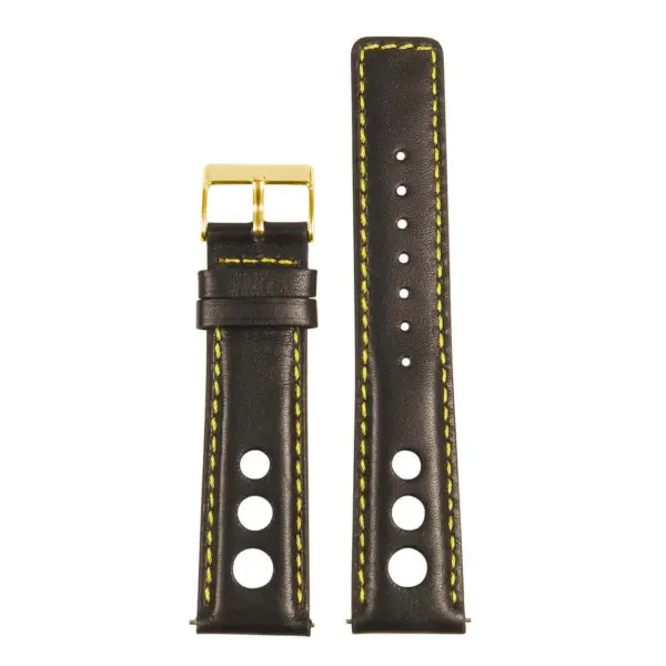 A sleek leather rally strap with quick release feature, available in various sizes (8mm to 24mm). It features a gold buckle and contrasting yellow stitching for added style