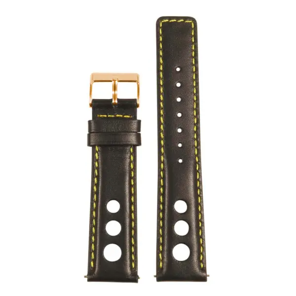 Stylish leather rally strap with quick release feature, available in various sizes (8mm to 24mm). Features contrasting yellow stitching and a gold buckle for a modern look