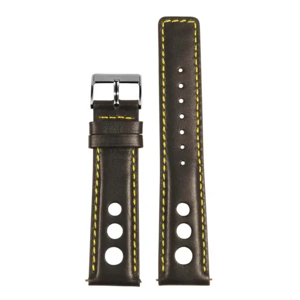 Stylish leather rally strap with quick release feature, available in sizes 18mm to 24mm. Features contrasting yellow stitching for a sporty look, perfect for any watch