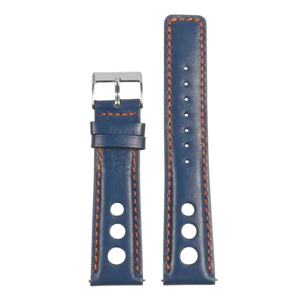 Leather Rally Strap with Quick Release in navy blue, featuring contrasting orange stitching. Available in various sizes: 18mm to 24mm and 8mm to 9mm. Durable and stylish for any watch