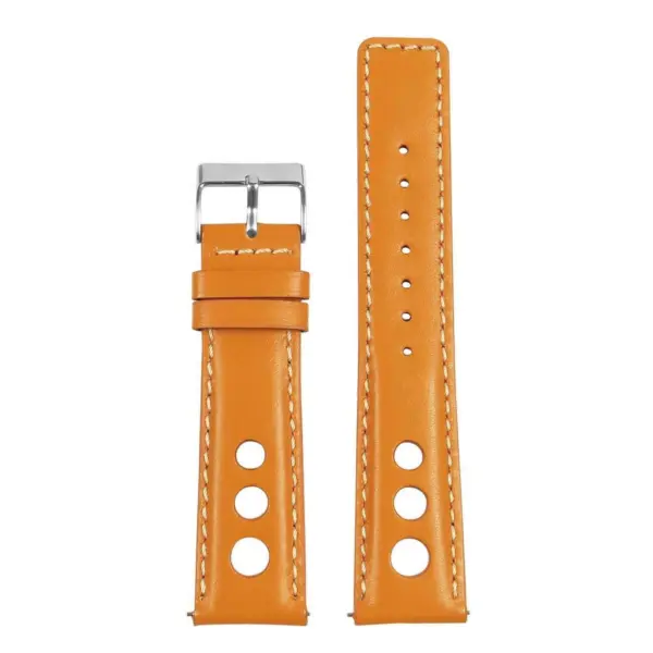 Stylish leather rally strap in vibrant orange with quick release feature. Available in sizes 18mm to 24mm, perfect for enhancing your watch's look and comfort